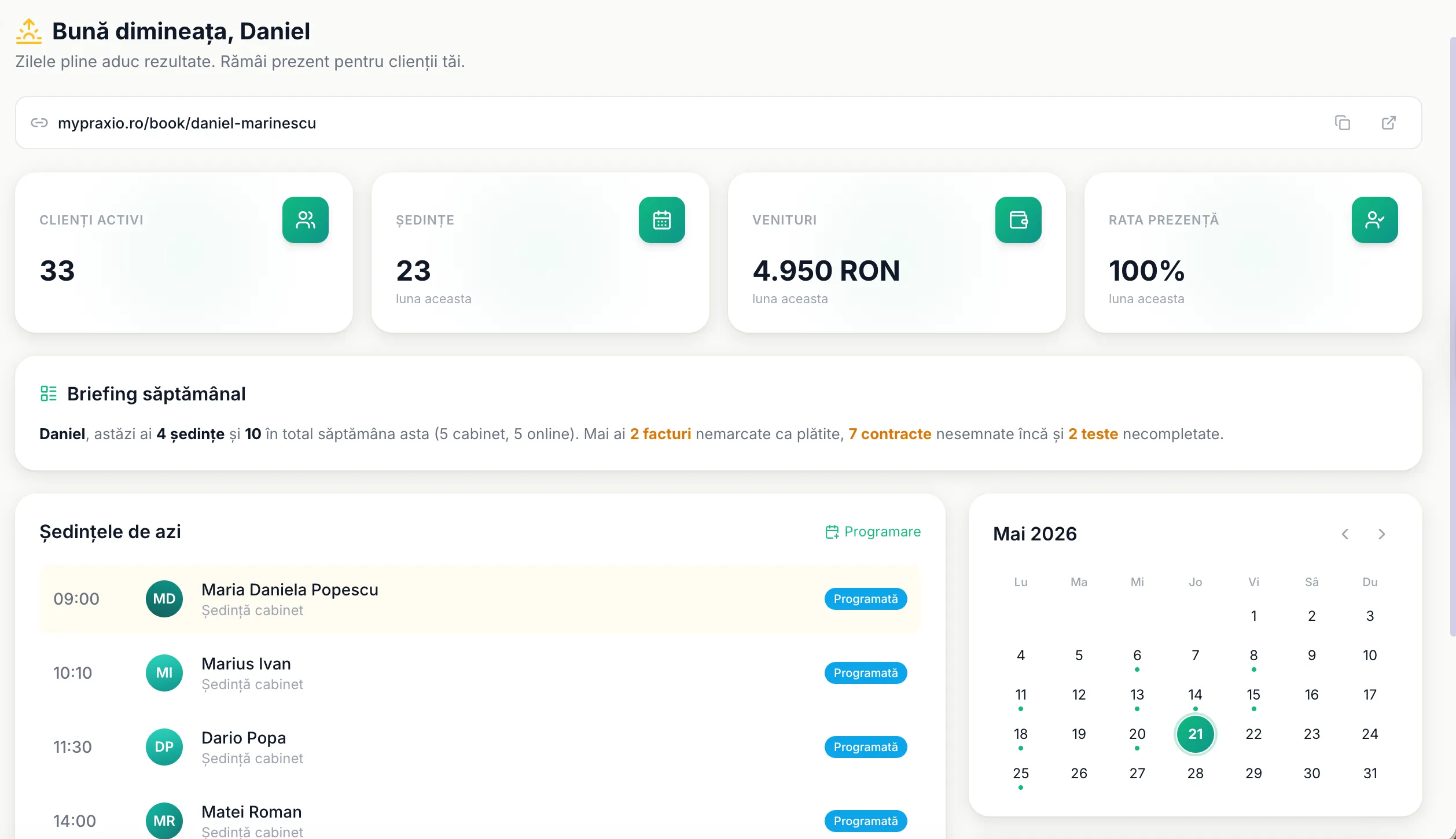 Dashboard Praxio pe desktop