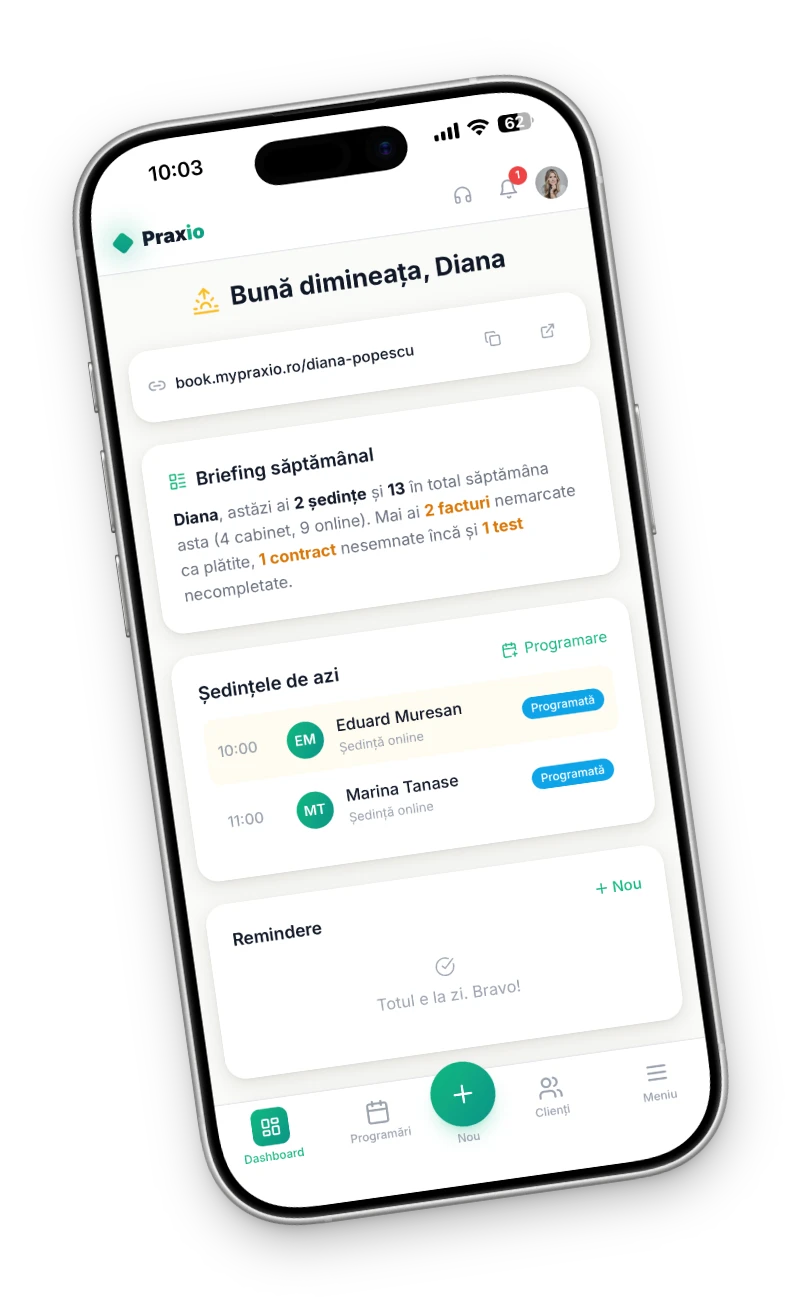 Dashboard-ul Praxio pe telefon